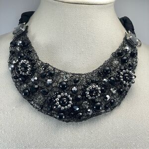 Beautiful Ottaviani Bijoux Black Metal Mesh Bib Glass Beaded Ribbon Tie Necklace